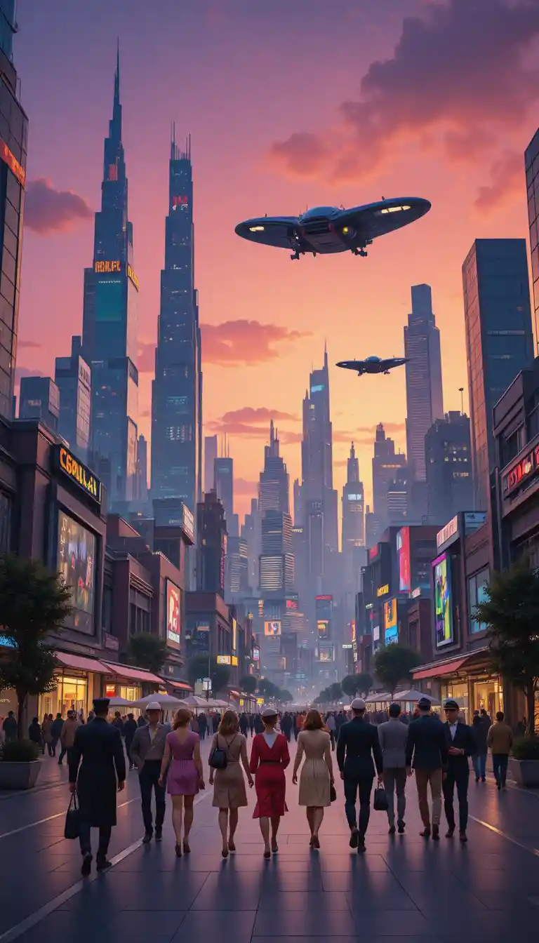 Futuristische Stadt mit fliegenden Autos und Vintage-Menschenmenge