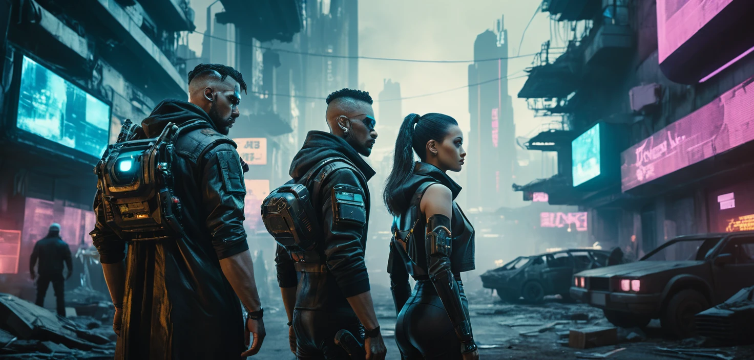 Cyberpunk couple in a futuristic war torn city studio scene