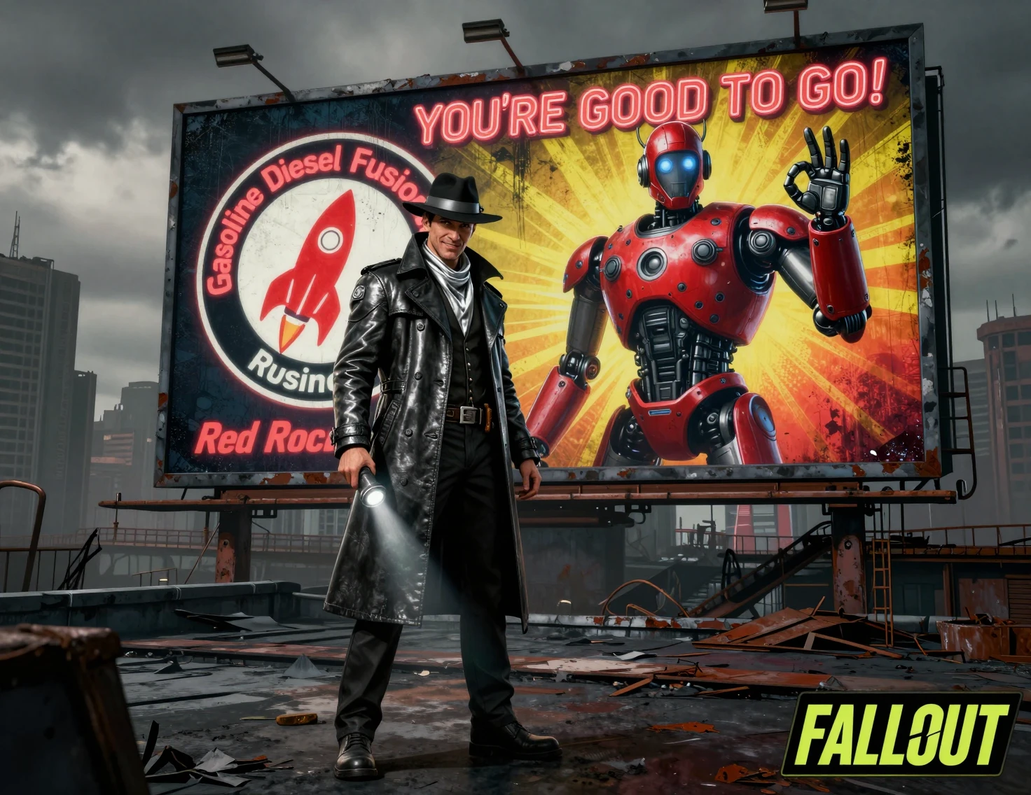 Sci fi detective on rooftop beside glowing robot billboard