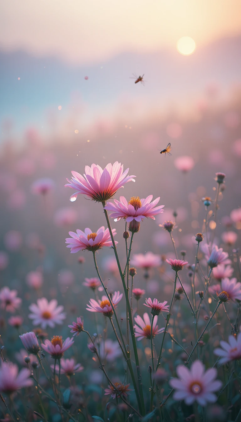 Dew covered pink wildflowers at twilight in a meadow