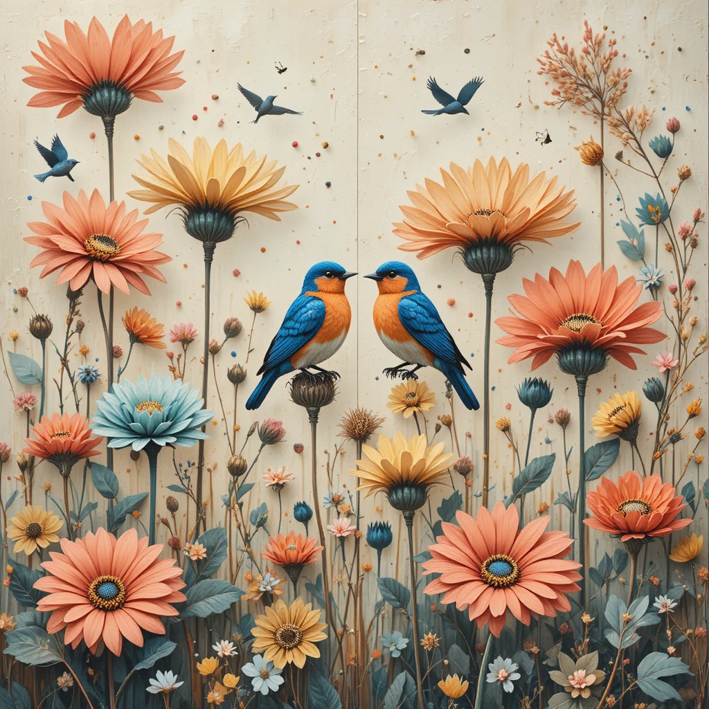 Peinture en impasto de merles bleus au milieu de hautes fleurs stylisées