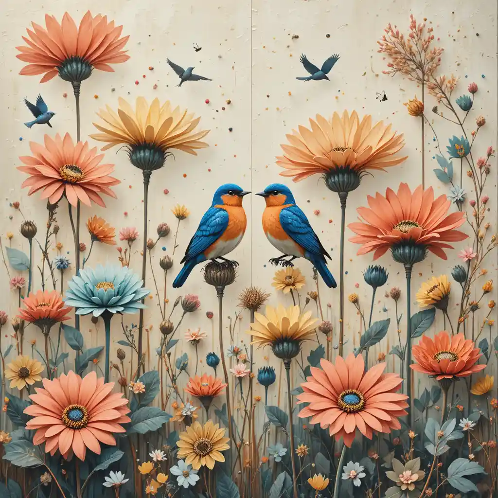 Dipinto a impasto di bluebird tra alte fiori stilizzate
