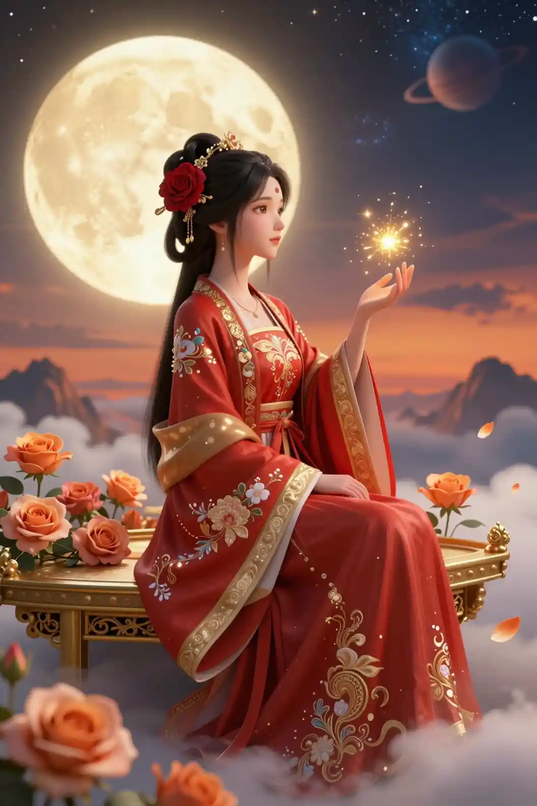 Anime girl on golden balcony among glowing clouds
