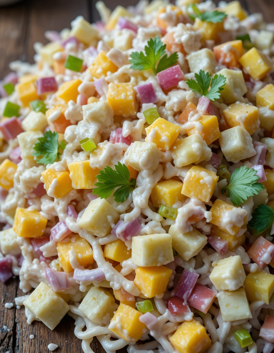 Nahaufnahme von cremigem Kraut- und Obstsalat auf Holz