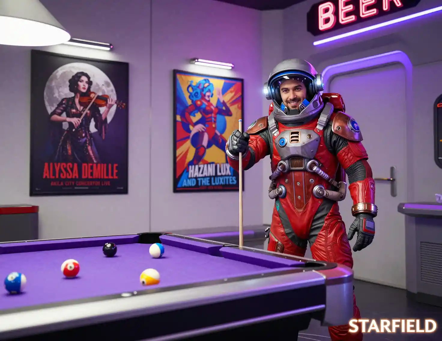 Smiling astronaut at a futuristic pool table in bar