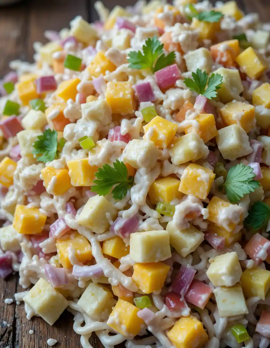 Close up creamy cabbage and fruit salad on wood