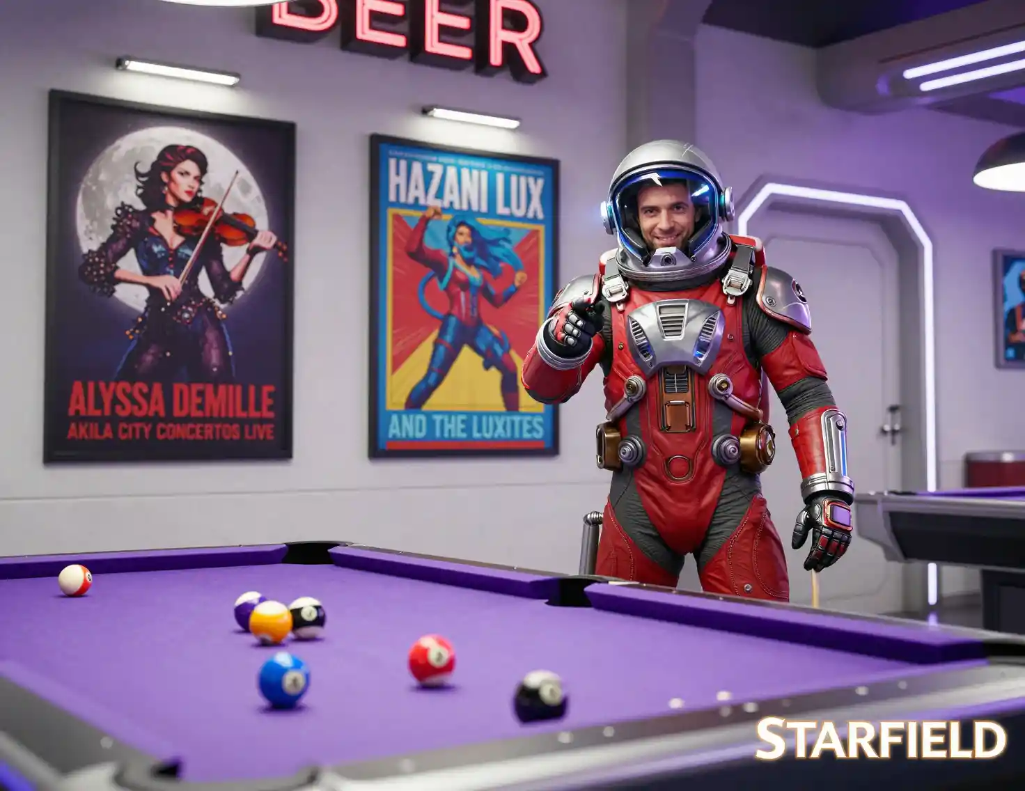 Smiling Astronaut Playing Pool In A Futuristic Bar