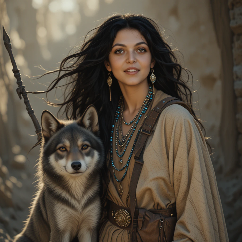 Jovem nativa com lobo companheiro em suave luz natural