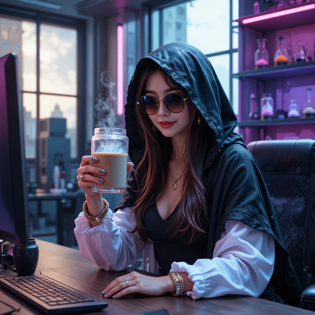 Jovem asiática com café em um escritório futurista de neon