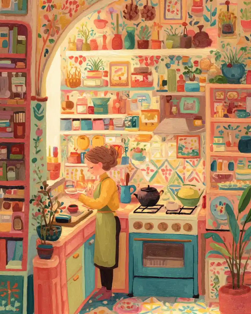 Süßes Mädchen in gemütlicher Folk-Art-Küche beim Kochen