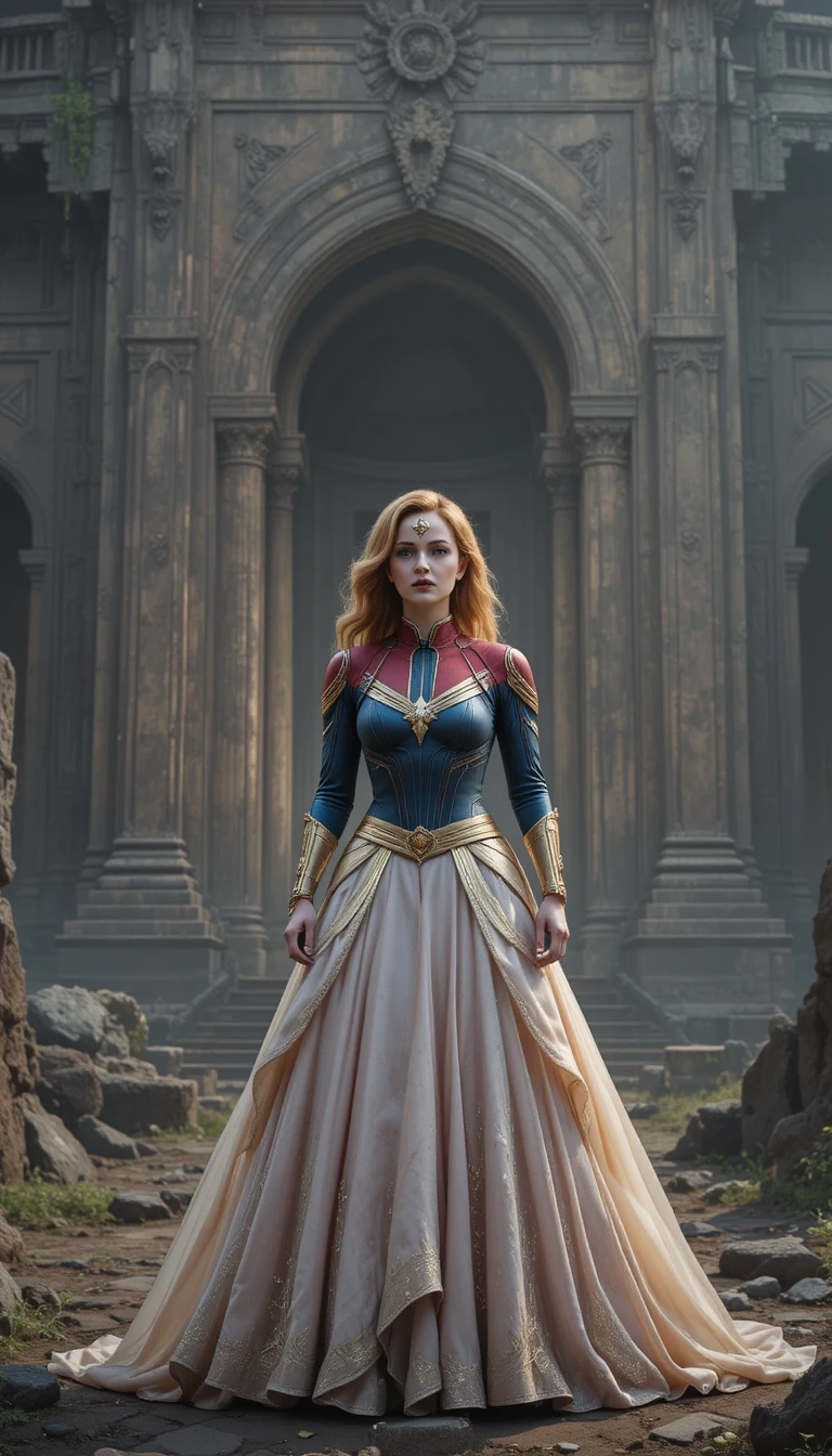Elegante Heldin im Abendkleid vor einem uralten mystischen Tempel