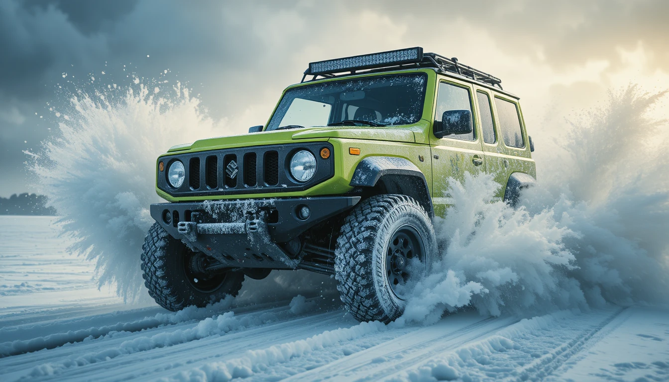Green off road suv racing across frozen snowfield