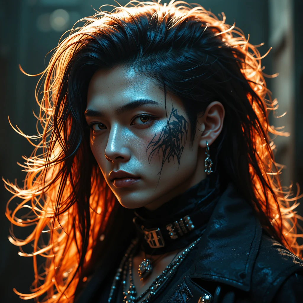Moody Asian man in dramatic visual kei fantasy portrait