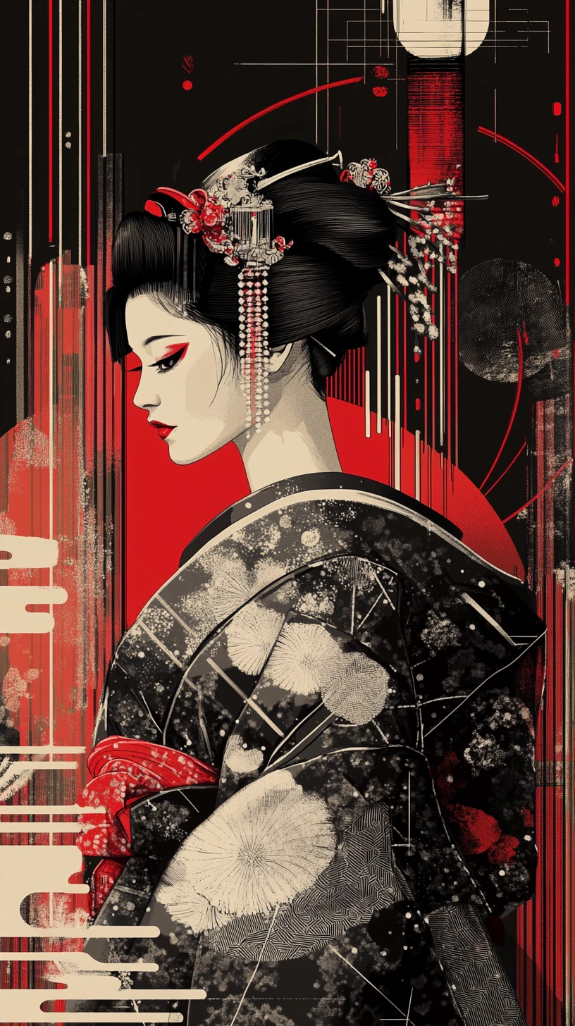 Elegantes Geisha-Porträt in kräftiger rot-schwarzer Vektorkunst