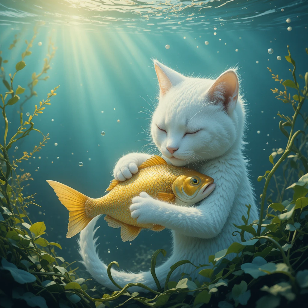 Gatto bianco che abbraccia un pesce dorato in una luminosa scena subacquea