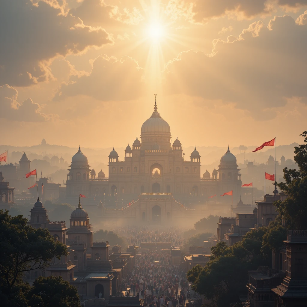 Luz dourada sobre um templo majestoso na cidade de Ayodhya