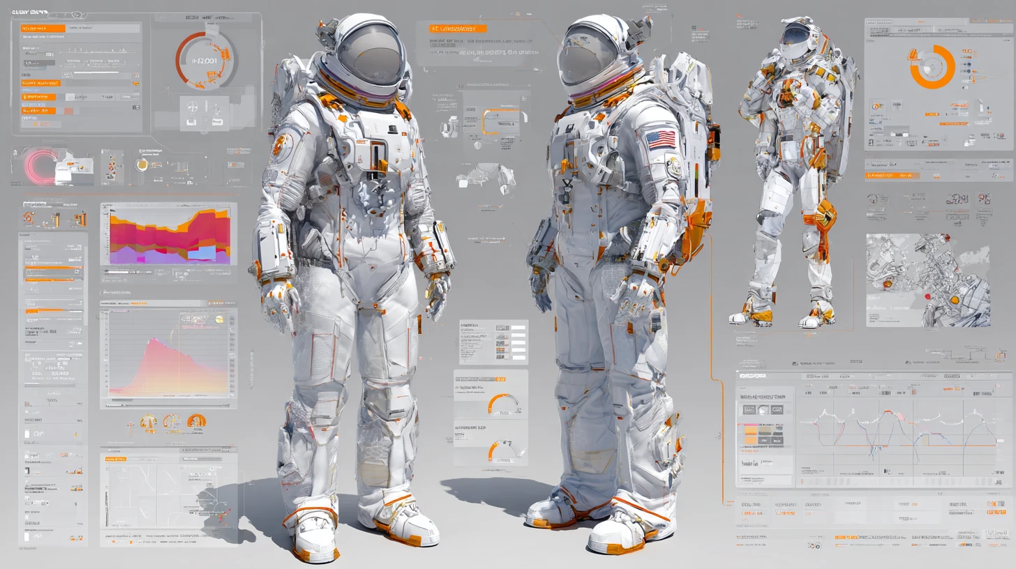 Futuristic white space suit 3D engineering diagram layout