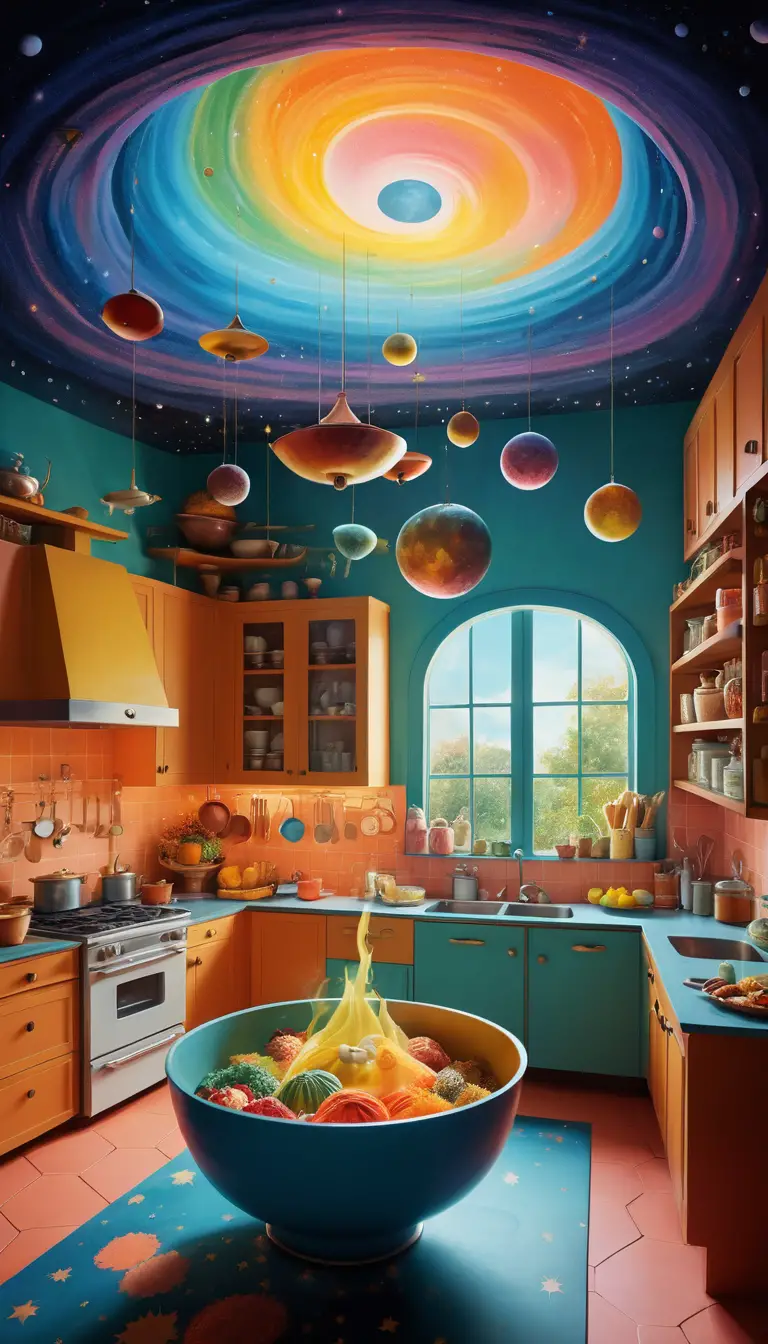 Whimsical figure mixing a galaxy in a floating kitchen