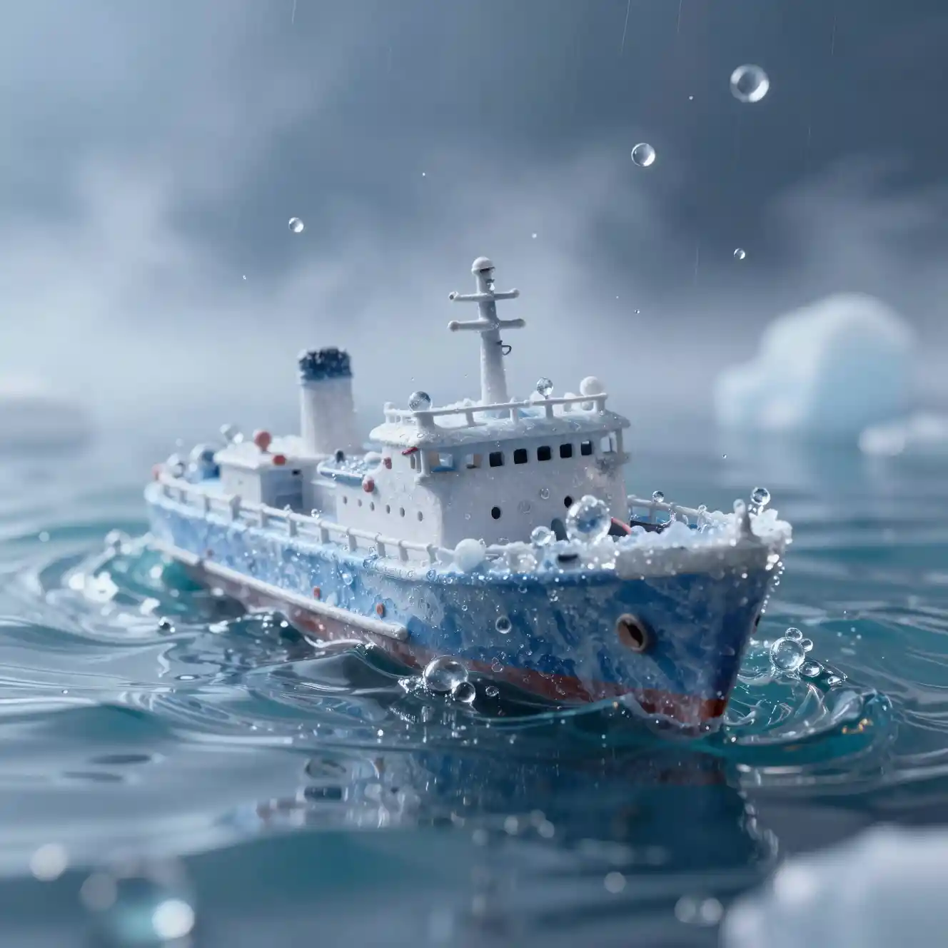 Extremes Close-up eines vereisten Schiffs im Wellengwasser-Diorama