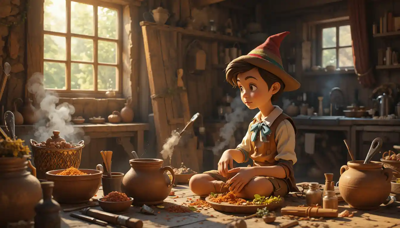 Wooden boy watching Geppetto cook in sunlit village kitchen