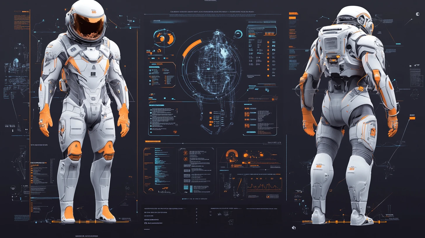 Futuristic white space suit 3D design with technical diagrams