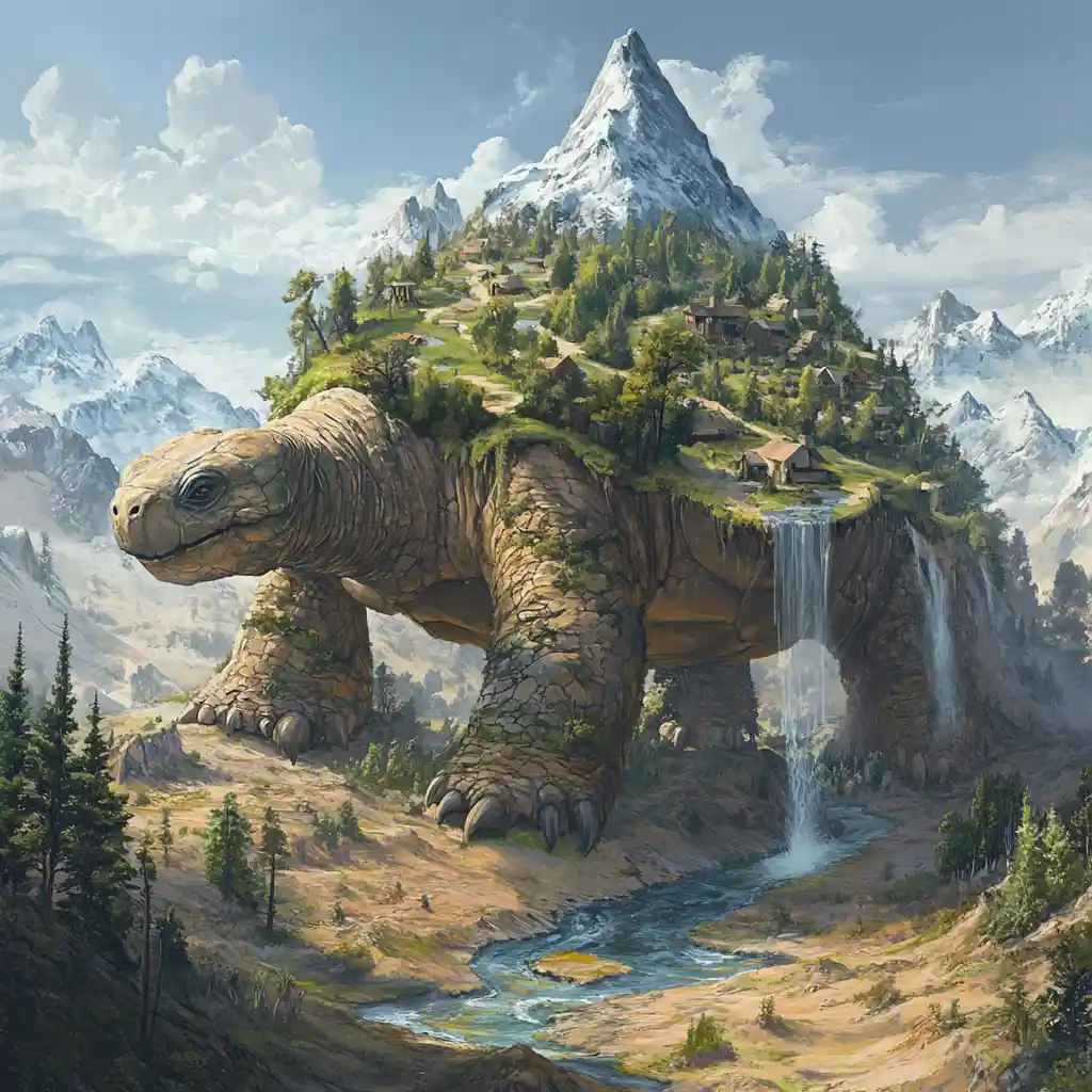 Colossal desert turtle carrying a mountain forest world
