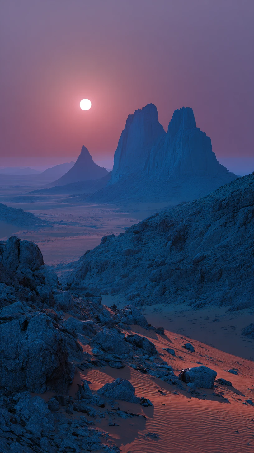 Montanhas vulcânicas erguendo-se sobre deserto alienígena ao crepúsculo