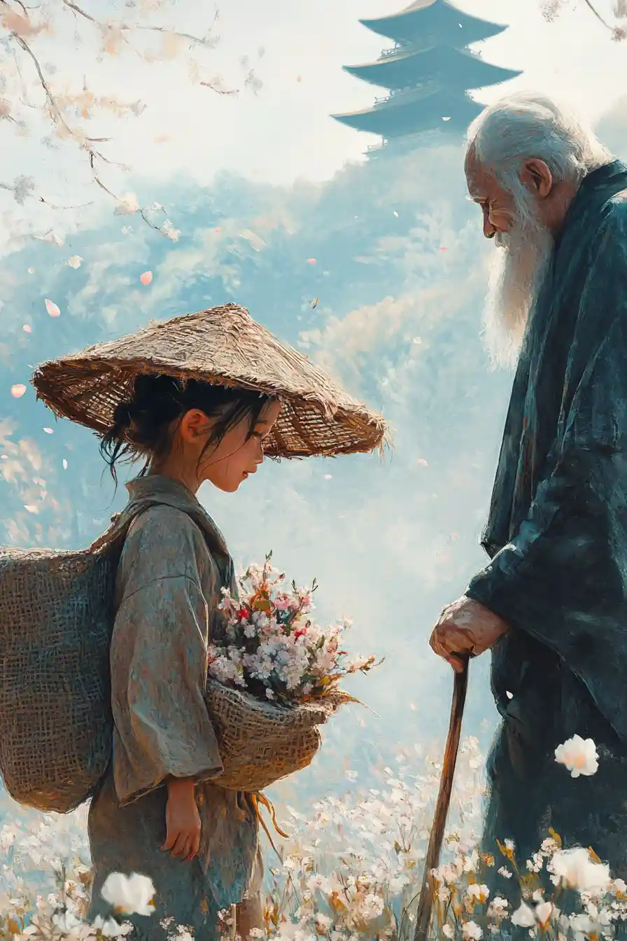 Young Japanese girl walking through a blossom field