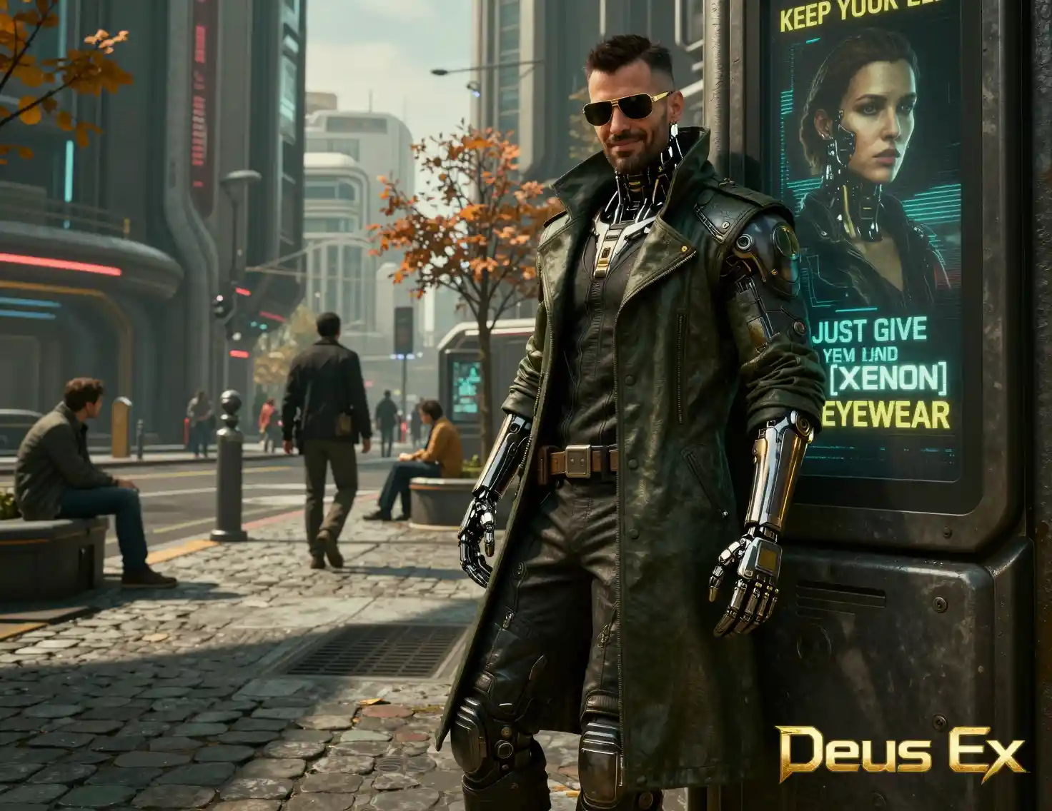 Augmentierter Mann lächelt auf einer futuristischen Prager Straße