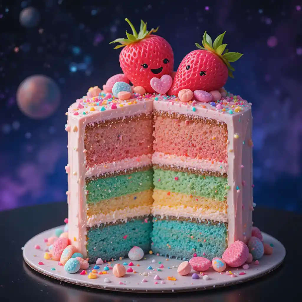 Bolo de baunilha sorridente com cores do arco-íris no espaço