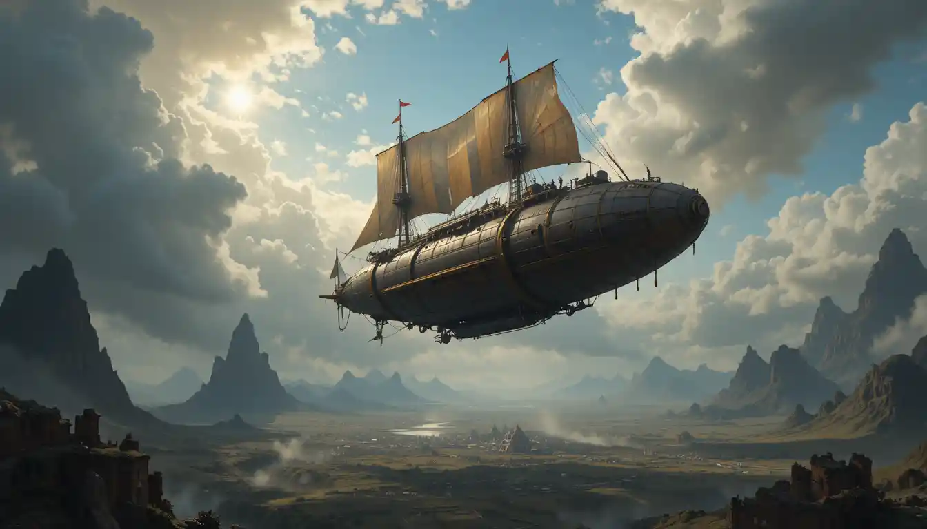Dirigível steampunk solitário cruzando um céu de fantasia tempestuoso