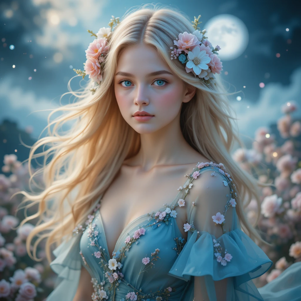 Blondes Mädchen im Blumenkleid unter traumhaftem Himmelslicht