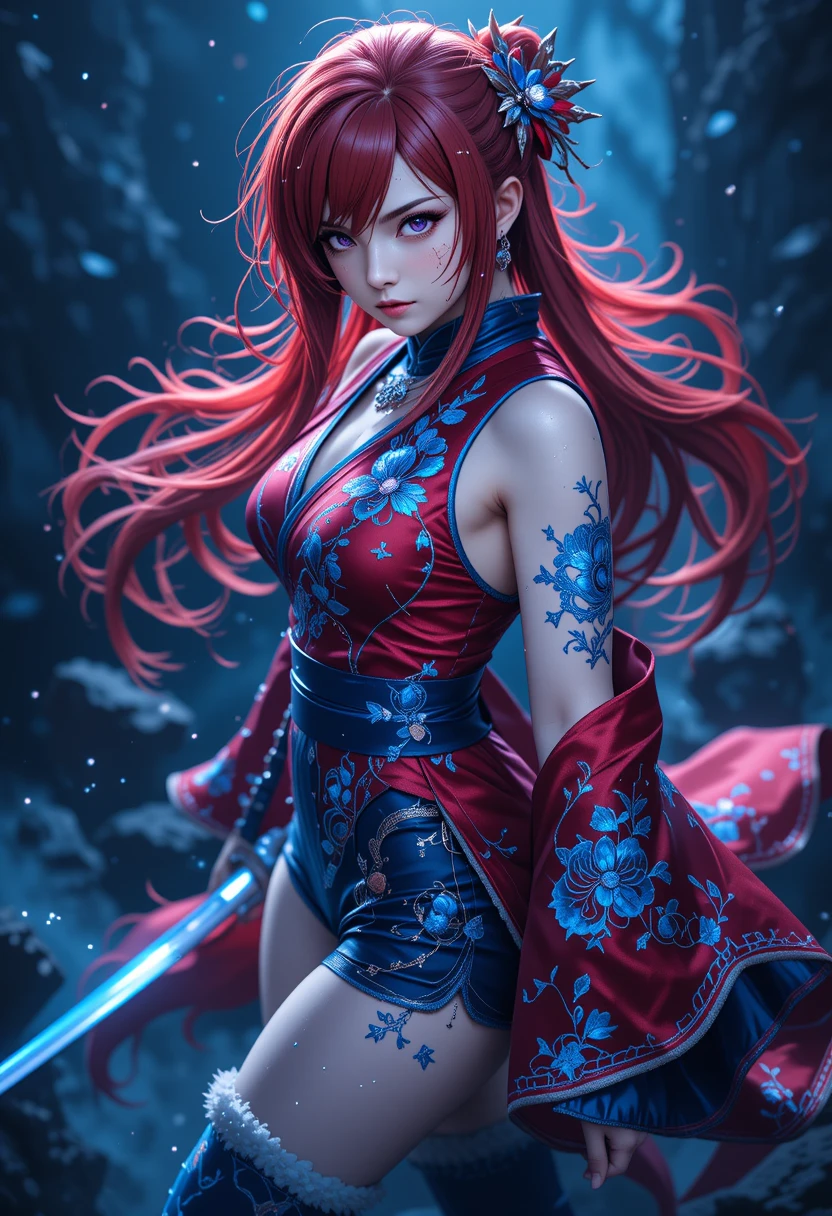 Anime warrior girl with katana in dark magical scene