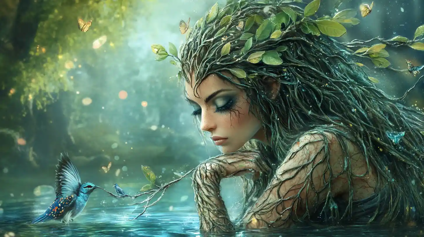 Fantasy willow woman by a tranquil reflective pond