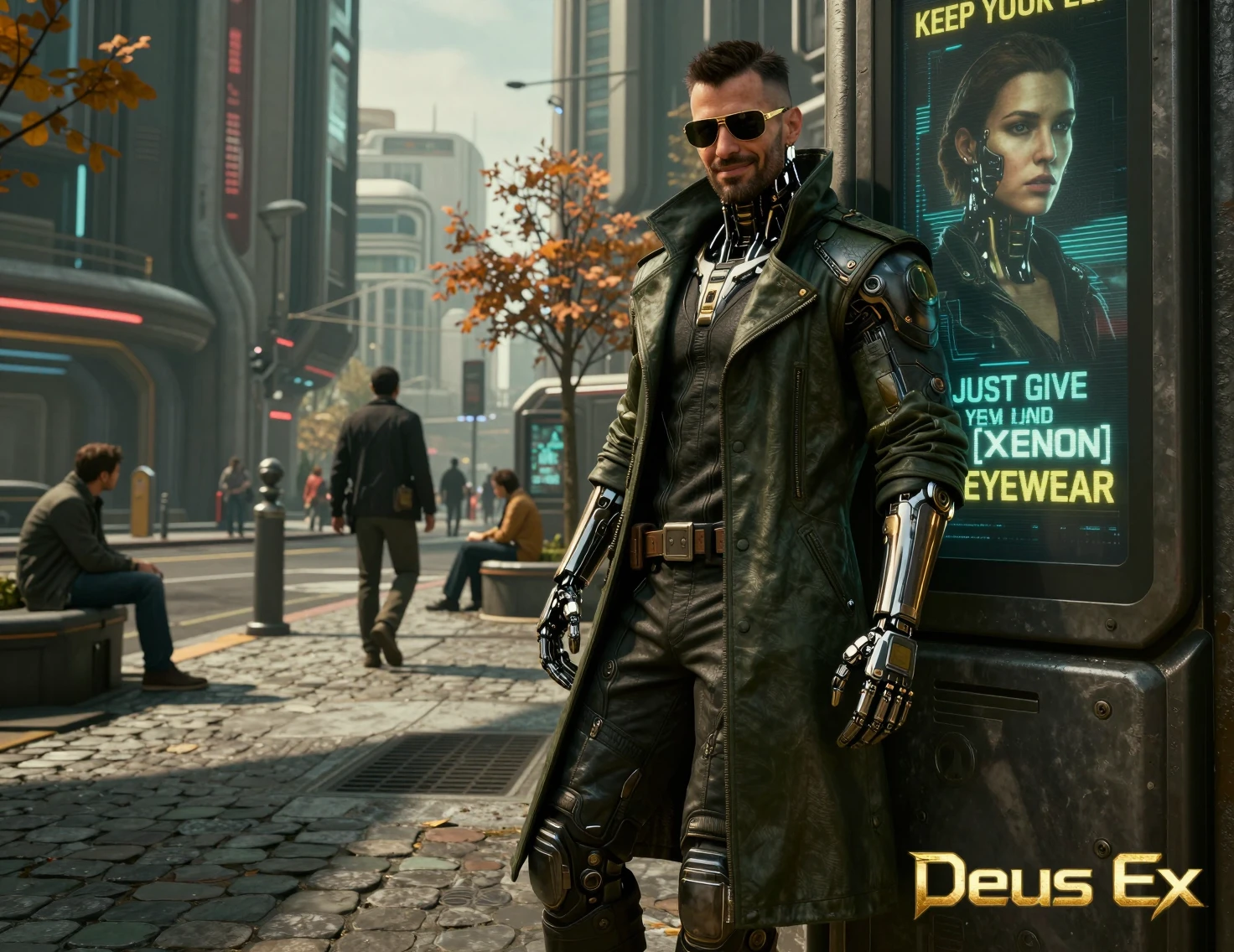 Augmentierter Mann lächelt auf einer futuristischen Prager Straße