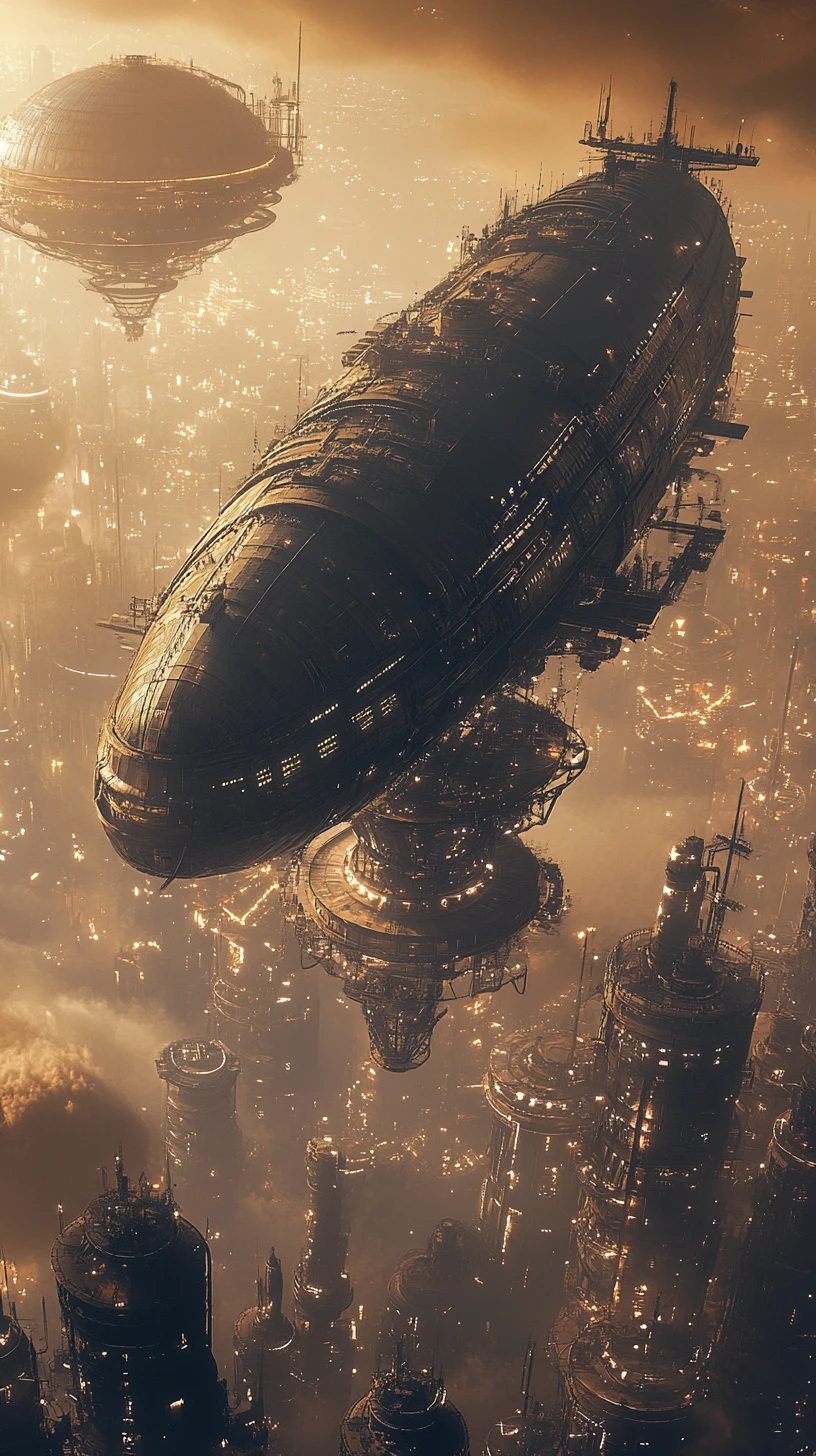 Dirigível futurista ancorado sobre cidade steampunk oriental