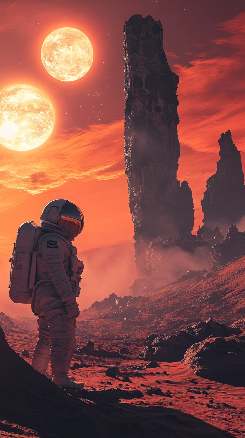 Astronaut auf einer verlassenen Alienwelt in der Dämmerung