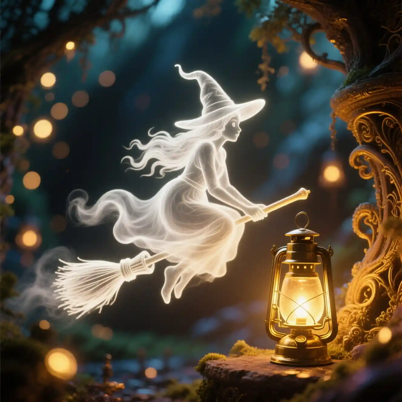 Mystische Hexensilhouette fliegt an einer leuchtenden goldenen Lampe vorbei