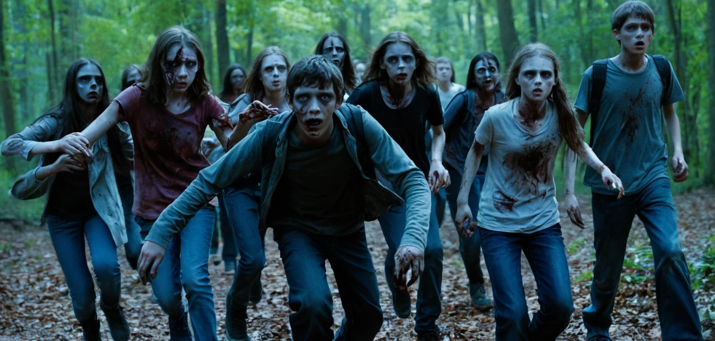 Terrified teenagers running from a pursuing zombie horde