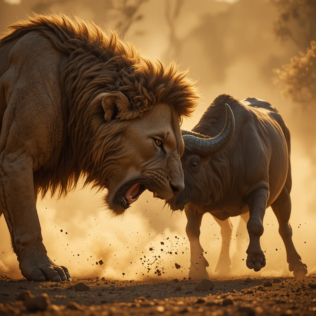 Charging lion attacking buffalo on dusty African savanna