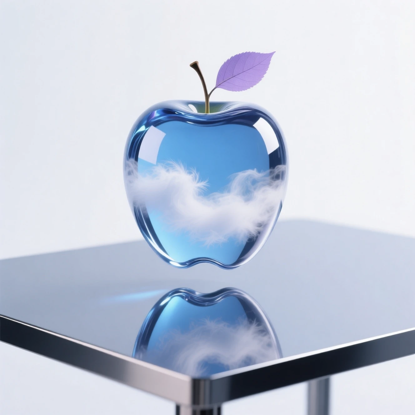 Pomme en verre avec brume au-dessus d’une table en métal réfléchissante