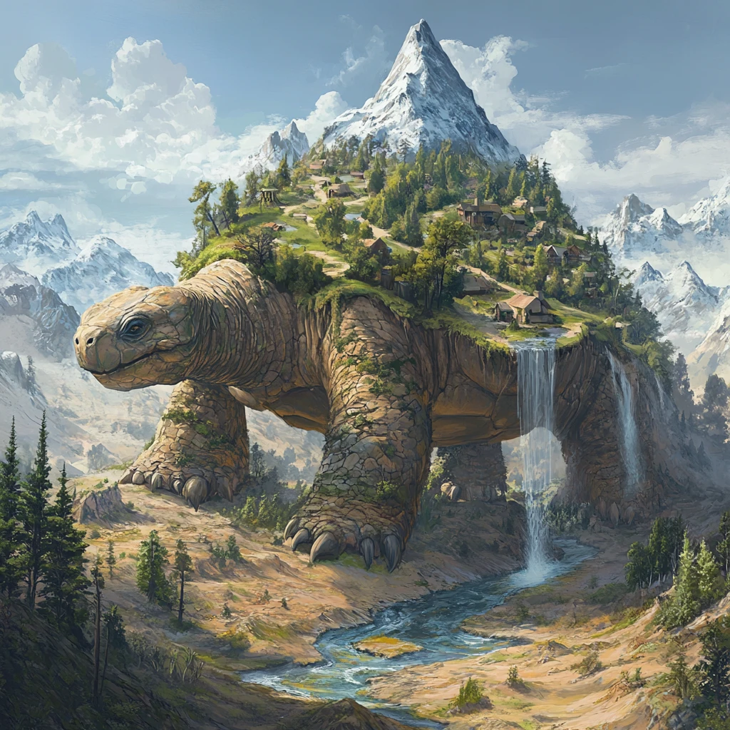 Colossal desert turtle carrying a mountain forest world