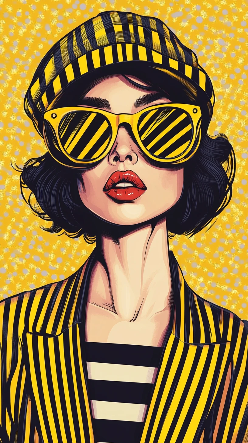 Stylish woman in yellow striped blazer pop art portrait