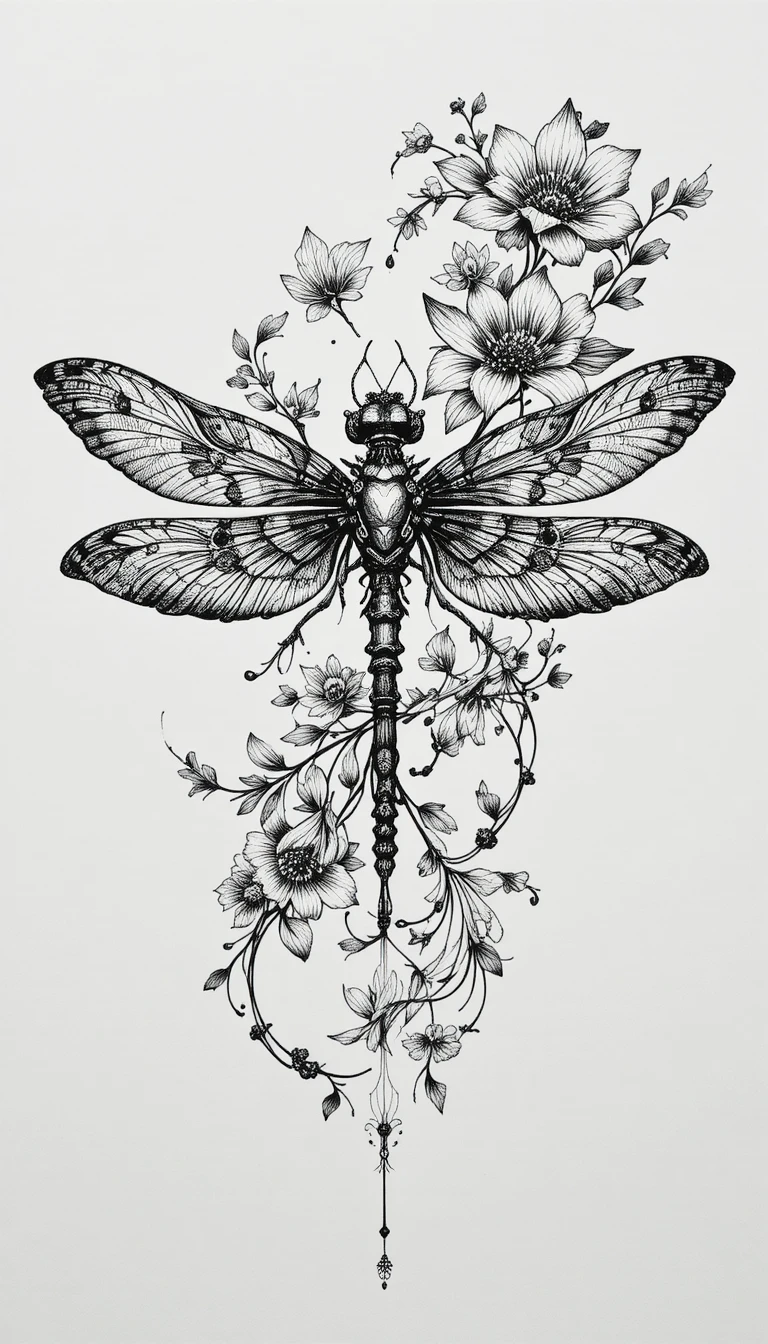 Illustration de Libellule à l’Encre Intriquée Composée d’Éléments Floraux