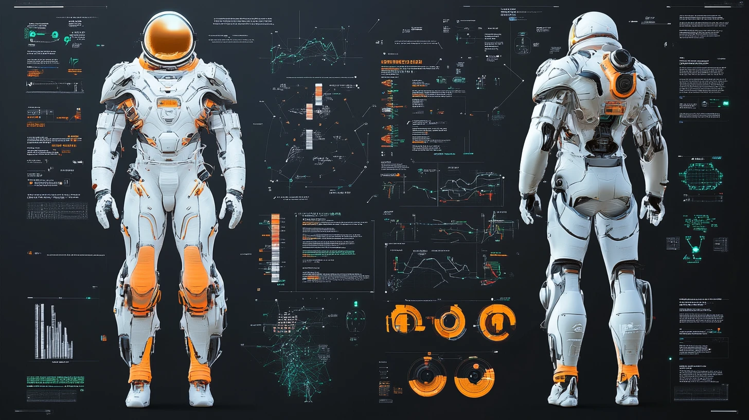 Futuristic white space suit 3D engineering design diagram
