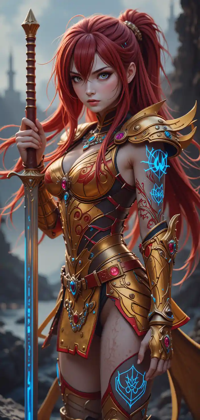 Anime warrior woman with flaming armor and glowing runes