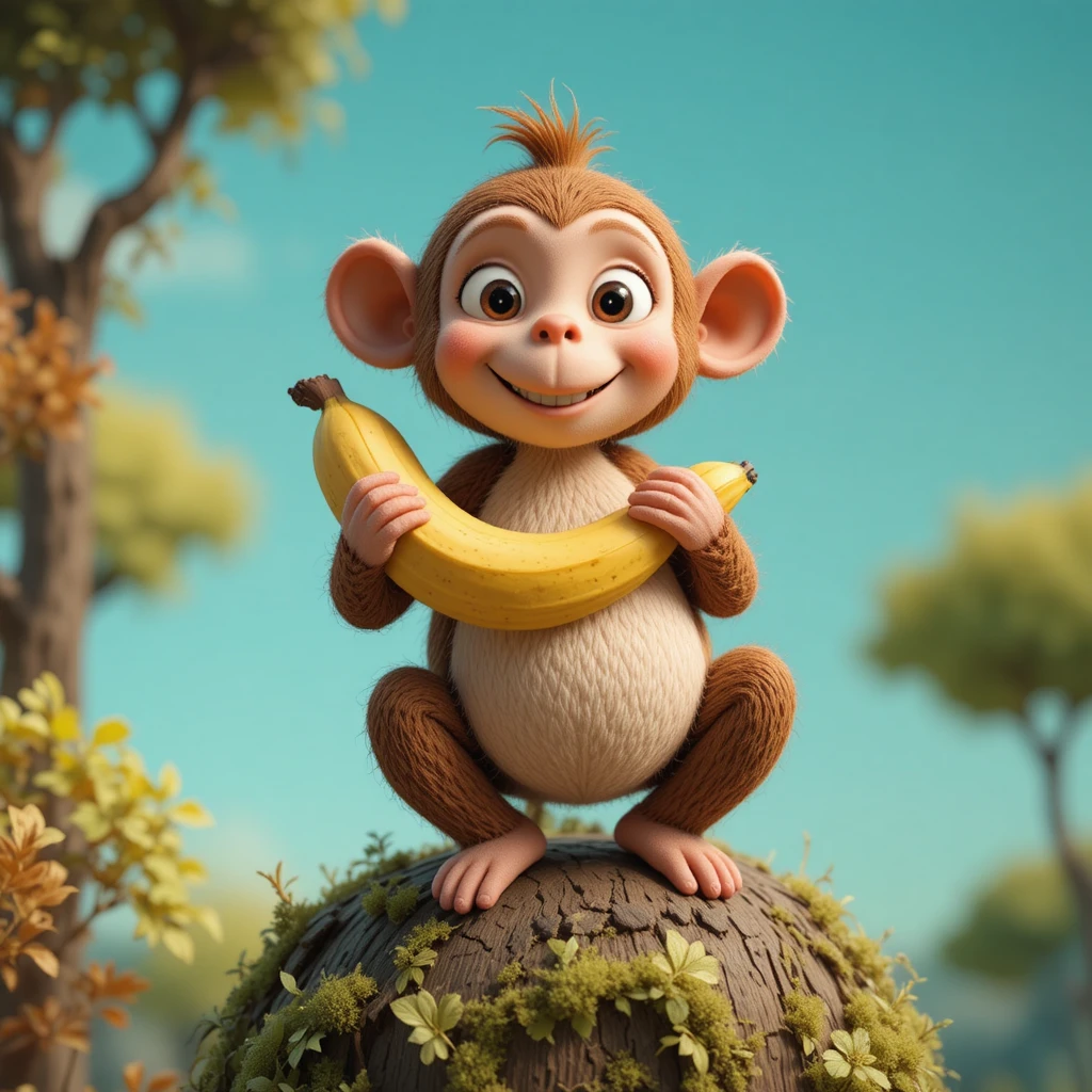 Macaco cartoon travesso em uma árvore macia segurando uma banana