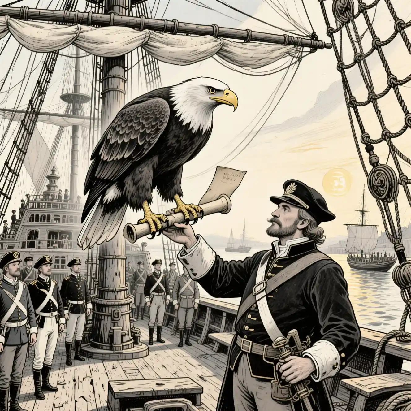 Águia Mensageira em Navio Histórico no Porto com Capitão