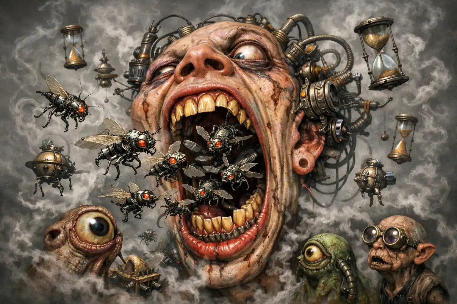 Visage humain surréaliste et déformé crachant des insectes mécaniques