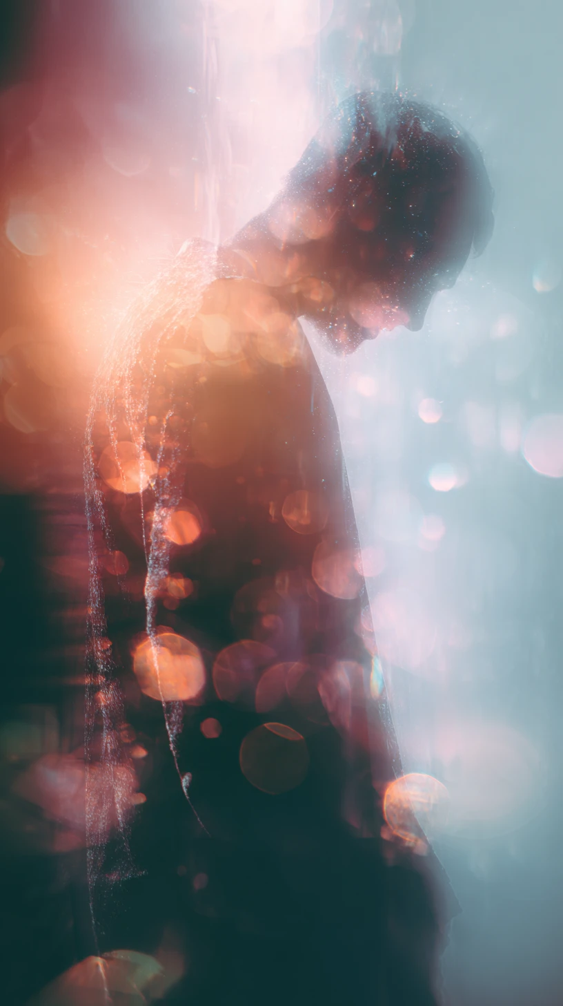 Dreamlike human silhouette with ethereal bokeh lights
